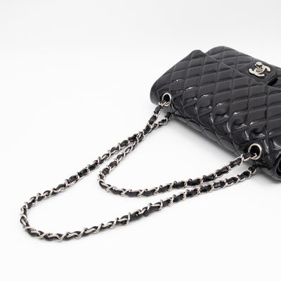 Classic Double Flap Medium Black Patent Leather Silver