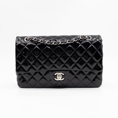 Classic Double Flap Medium Black Patent Leather Silver