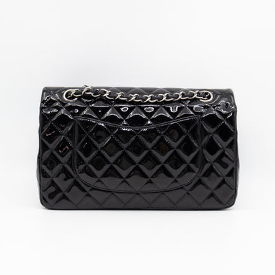 Classic Double Flap Medium Black Patent Leather Silver