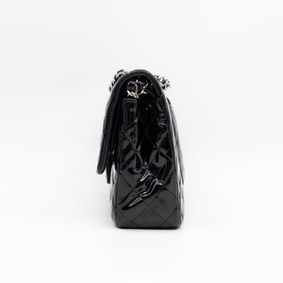 Classic Double Flap Medium Black Patent Leather Silver