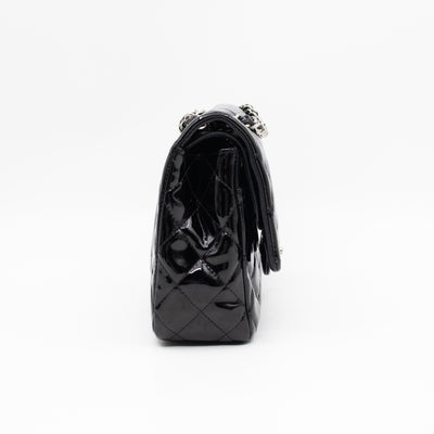 Classic Double Flap Medium Black Patent Leather Silver