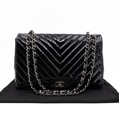 Classic Single Flap Maxi Black Chevron Patent Silver