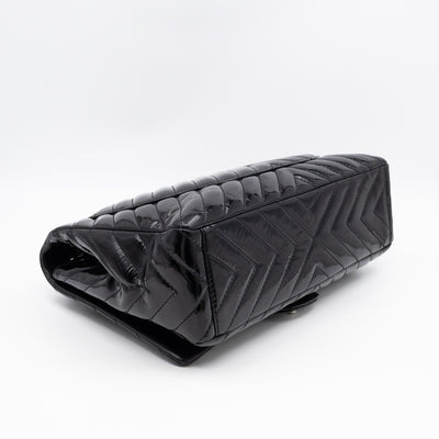 Classic Single Flap Maxi Black Chevron Patent Silver