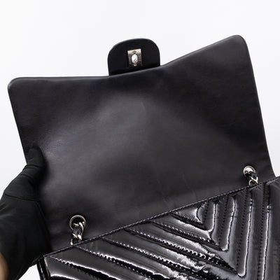 Classic Single Flap Maxi Black Chevron Patent Silver
