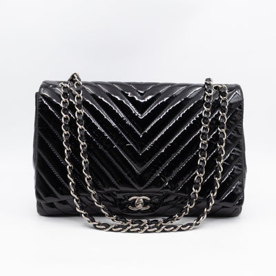 Classic Single Flap Maxi Black Chevron Patent Silver