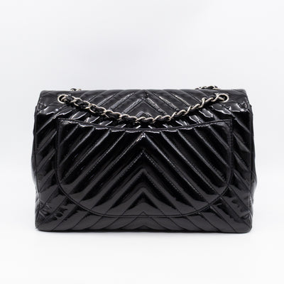 Classic Single Flap Maxi Black Chevron Patent Silver