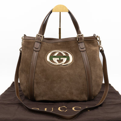 Interlocking G Britt Hobo Bag Brown Suede Leather