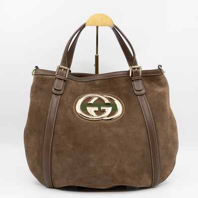 Interlocking G Britt Hobo Bag Brown Suede Leather