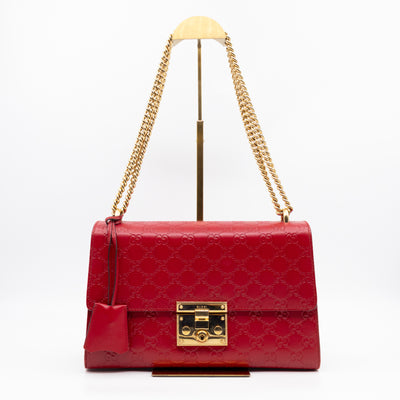 Padlock Flap Bag Medium Hibiscus Red GG Guccissima