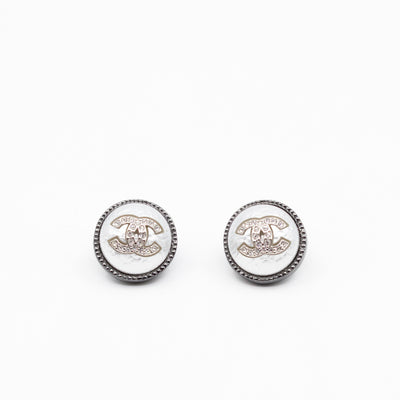 CC Crystal Pearl Button Earrings Aged Silver