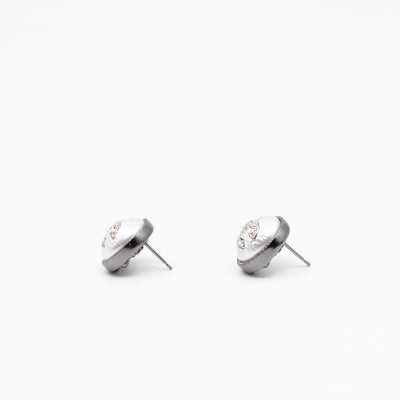 CC Crystal Pearl Button Earrings Aged Silver
