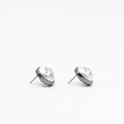 CC Crystal Pearl Button Earrings Aged Silver