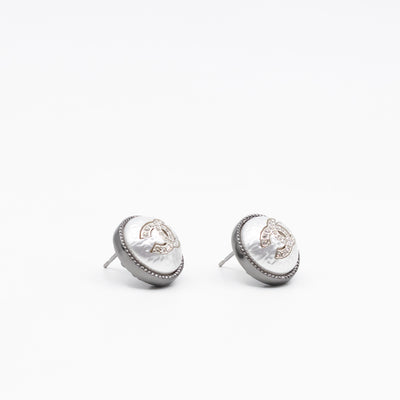 CC Crystal Pearl Button Earrings Aged Silver