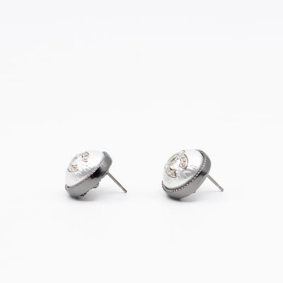 CC Crystal Pearl Button Earrings Aged Silver