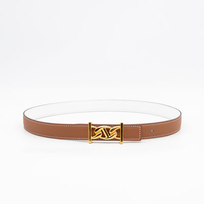 My H Belt Buckle & Reversible Blanc & Gold Leather Belt 80 cm