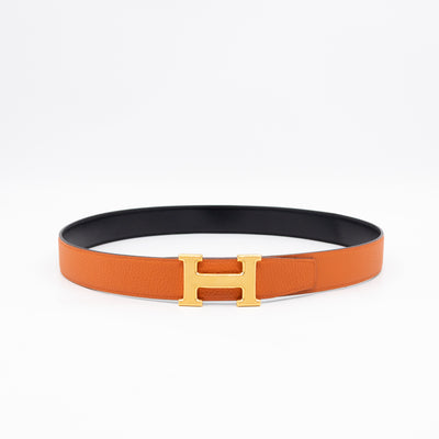 H Guillochee Belt Buckle & Reversible Orange & Noir Leather Belt 85 cm