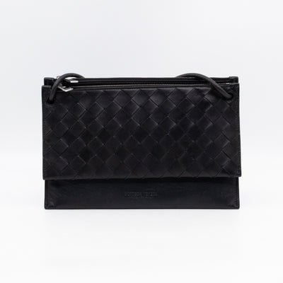 Double Pouch Crossbody Bag Black Intrecciato Leather
