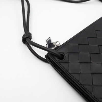 Double Pouch Crossbody Bag Black Intrecciato Leather