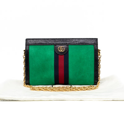Ophidia Chain GG Small Shoulder Bag Green Suede
