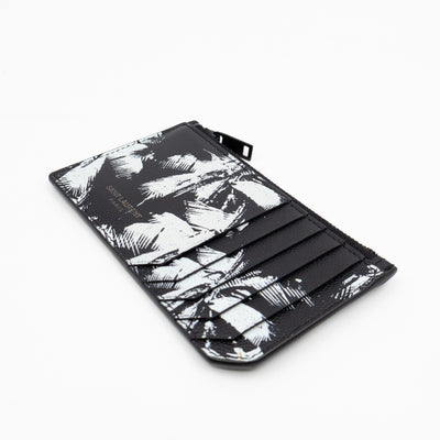 Zipped Card Holder White Palm Trees Black Leather