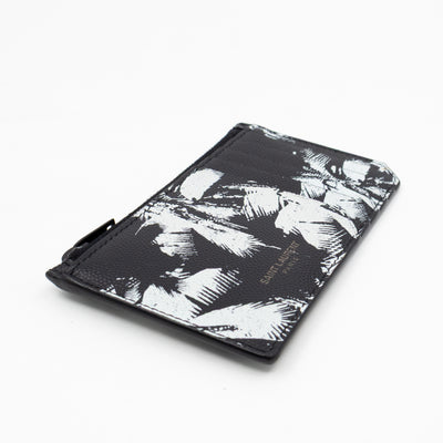 Zipped Card Holder White Palm Trees Black Leather