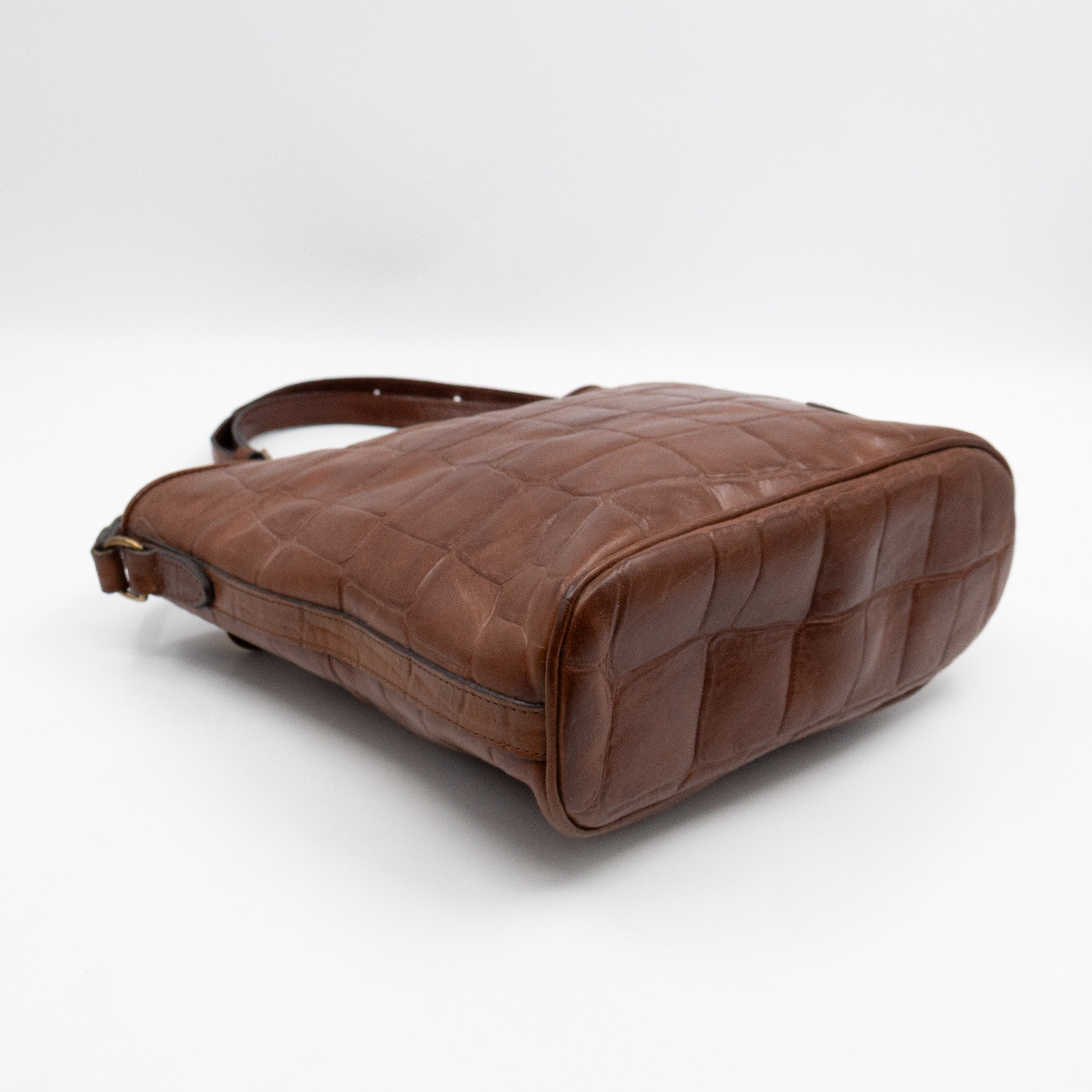 Vintage Bucket Bag Brown Croc Embossed Leather