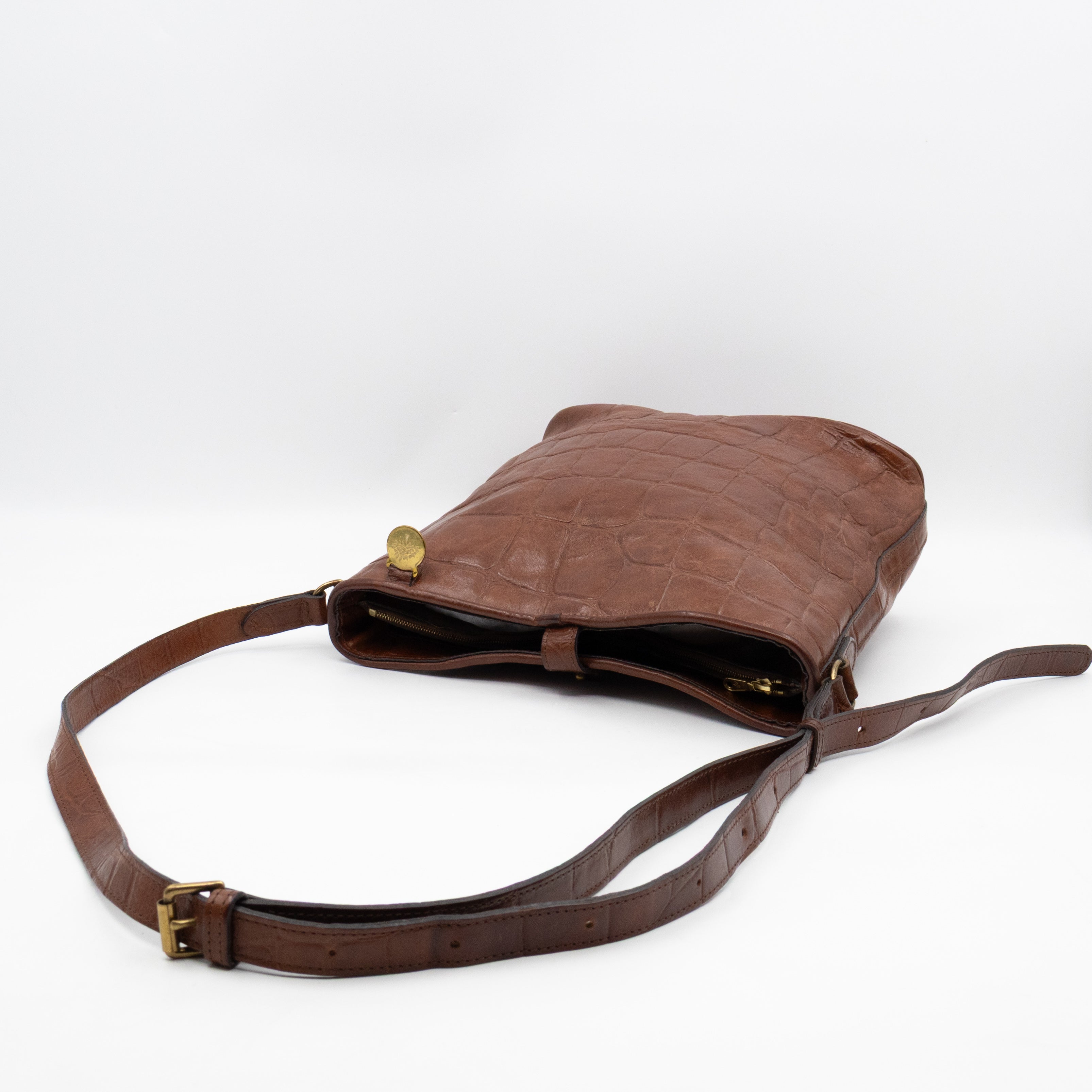 Vintage Bucket Bag Brown Croc Embossed Leather