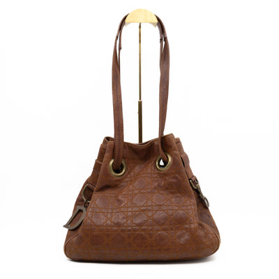 Cannage Quilted Shoulder Bag Brown Leather