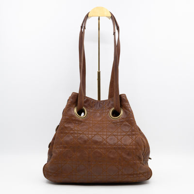 Cannage Quilted Shoulder Bag Brown Leather
