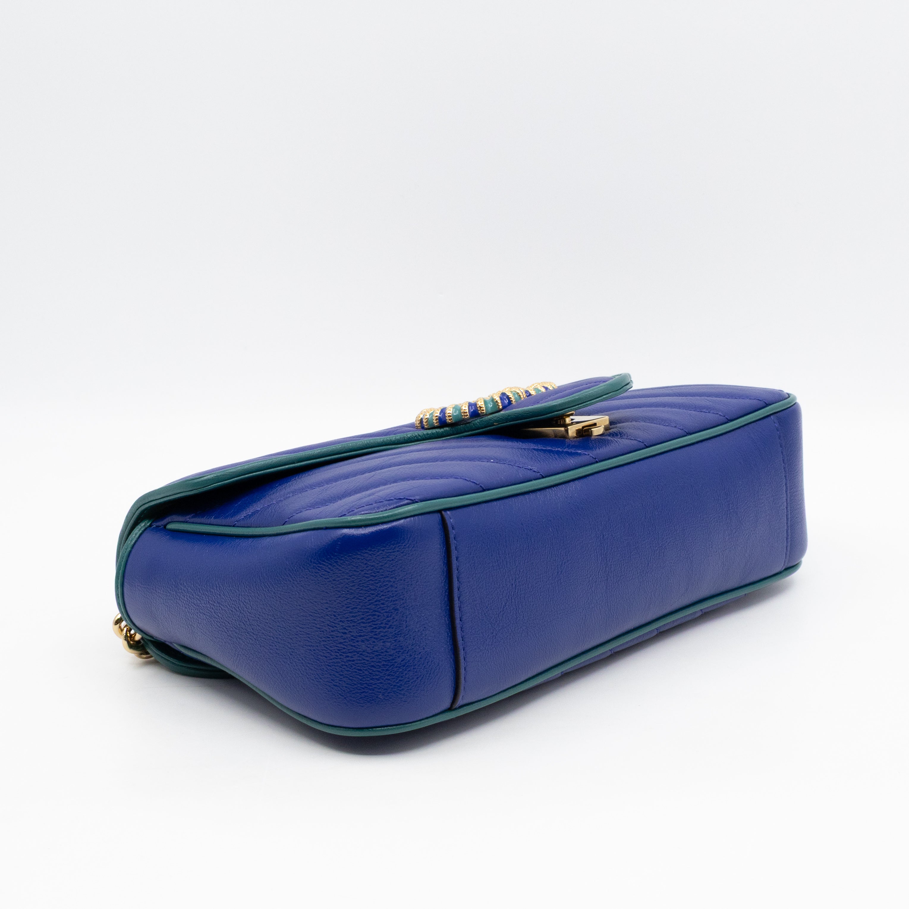 Torchon GG Marmont Medium Flap Bag Blue Diagonal Chevron Leather