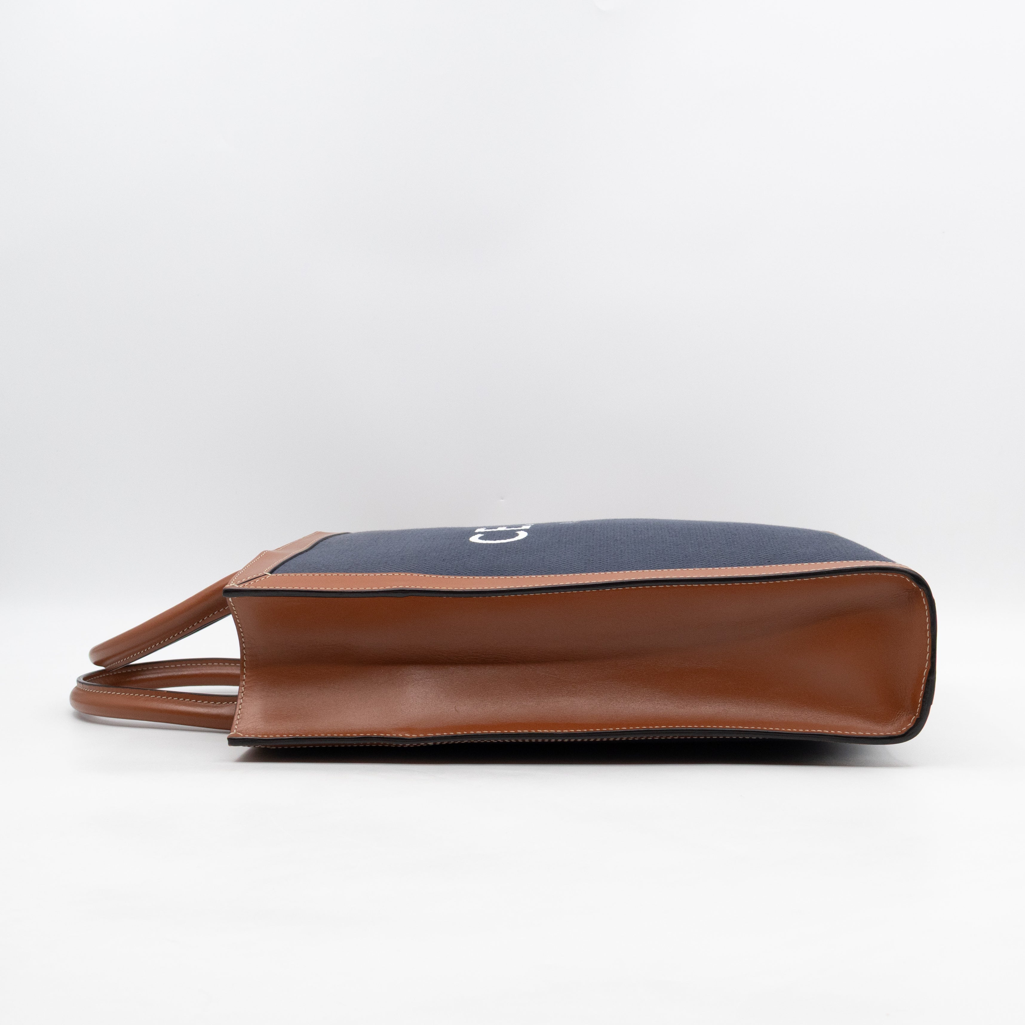 Small Vertical Cabas Navy Blue Canvas & Brown Leather