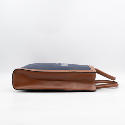 Small Vertical Cabas Navy Blue Canvas & Brown Leather