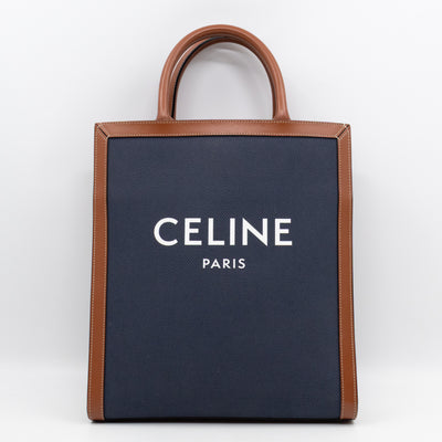 Small Vertical Cabas Navy Blue Canvas & Brown Leather