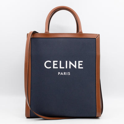 Small Vertical Cabas Navy Blue Canvas & Brown Leather
