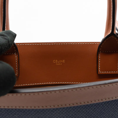 Small Vertical Cabas Navy Blue Canvas & Brown Leather