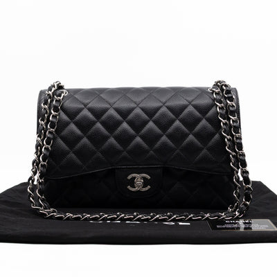 Classic Double Flap Jumbo Black Caviarskin Leather Silver