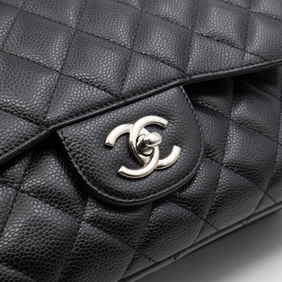 Classic Double Flap Jumbo Black Caviarskin Leather Silver
