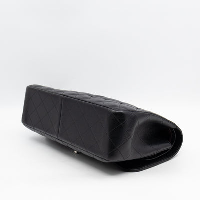 Classic Double Flap Jumbo Black Caviarskin Leather Silver