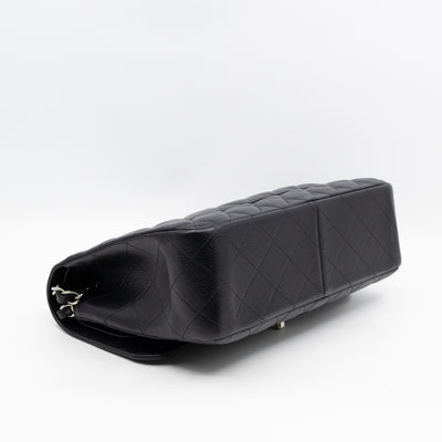 Classic Double Flap Jumbo Black Caviarskin Leather Silver