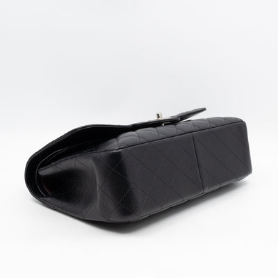 Classic Double Flap Jumbo Black Caviarskin Leather Silver