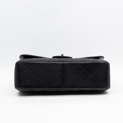 Classic Double Flap Jumbo Black Caviarskin Leather Silver