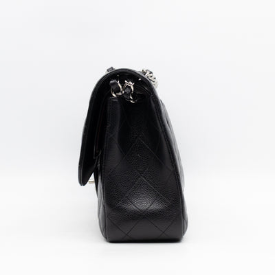 Classic Double Flap Jumbo Black Caviarskin Leather Silver