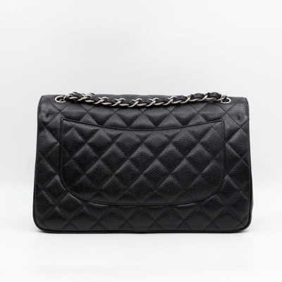 Classic Double Flap Jumbo Black Caviarskin Leather Silver