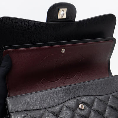 Classic Double Flap Jumbo Black Caviarskin Leather Silver