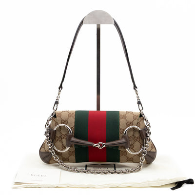 Horsebit Chain Small Shoulder Bag GG Canvas Brown Leather