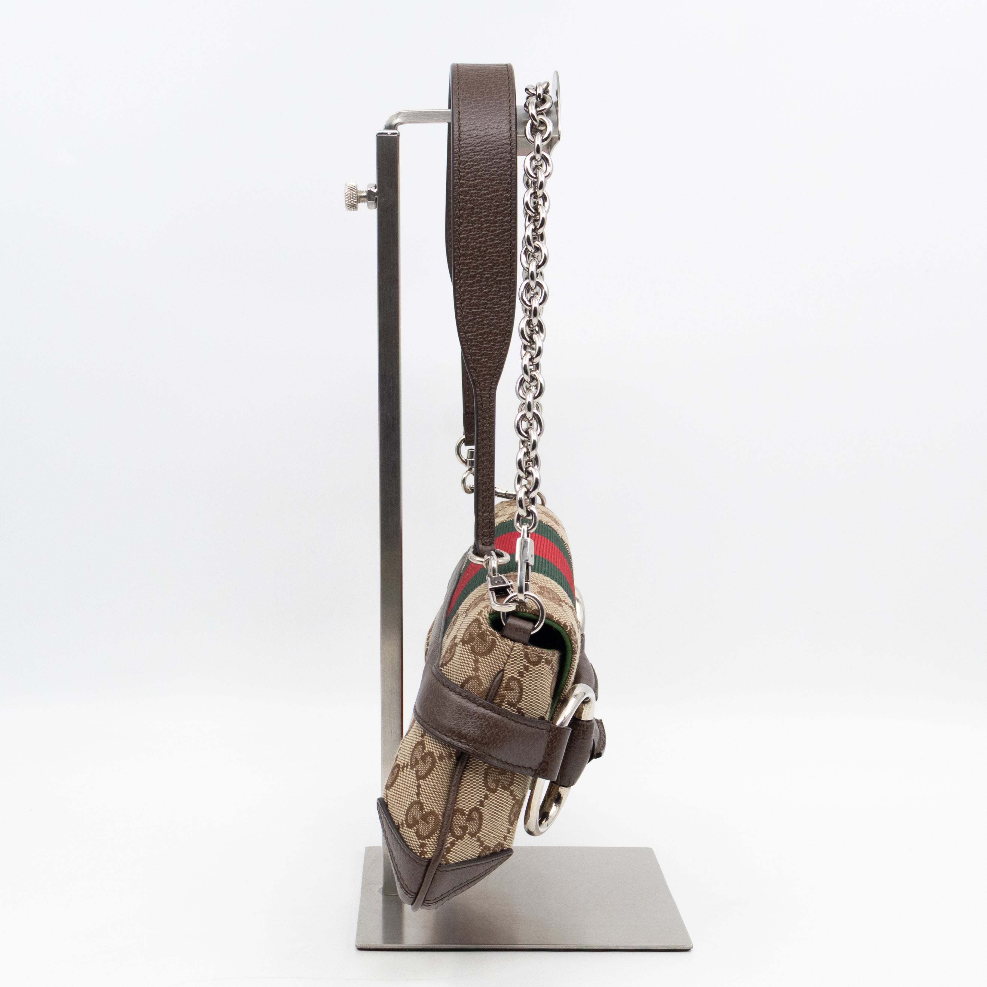 Horsebit Chain Small Shoulder Bag GG Canvas Brown Leather