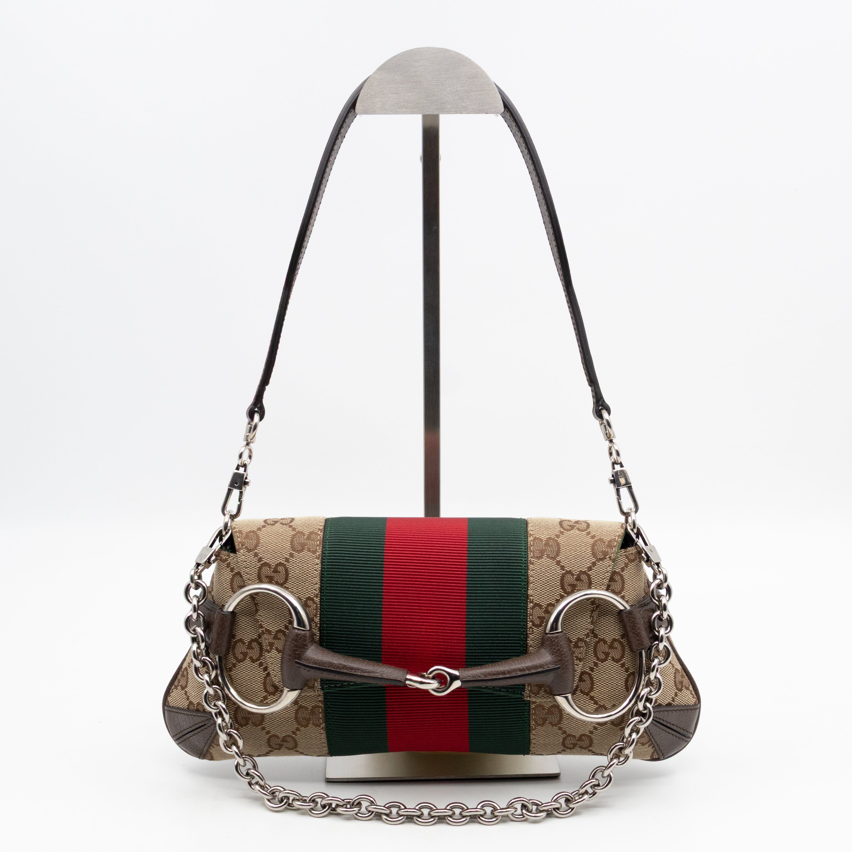 Horsebit Chain Small Shoulder Bag GG Canvas Brown Leather