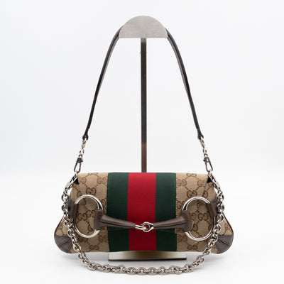 Horsebit Chain Small Shoulder Bag GG Canvas Brown Leather