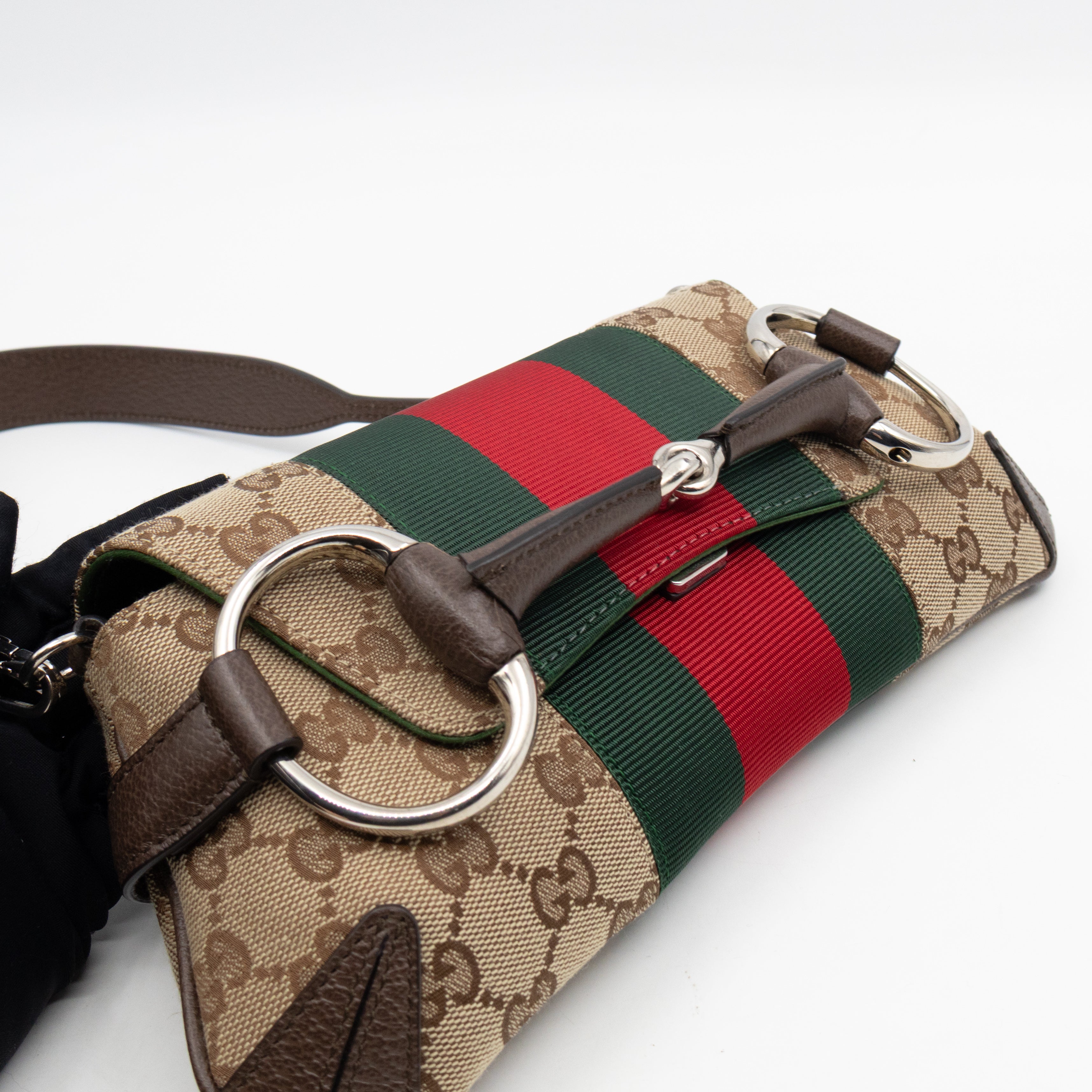 Horsebit Chain Small Shoulder Bag GG Canvas Brown Leather