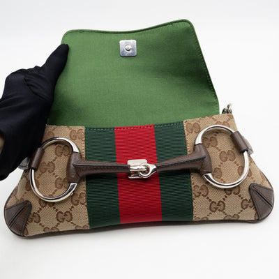 Horsebit Chain Small Shoulder Bag GG Canvas Brown Leather